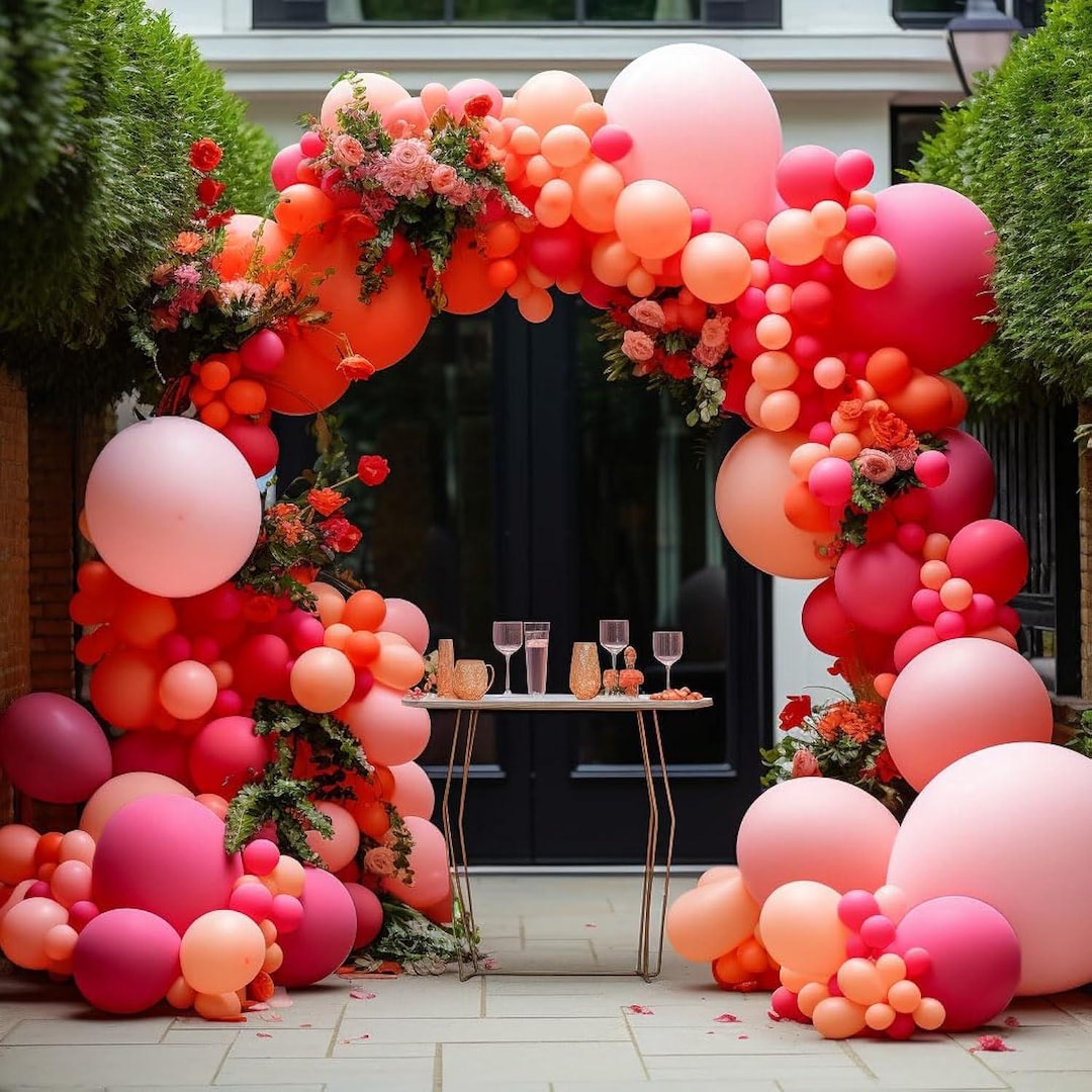 Pink & Rose Red Balloon Garland Kit With Macaron Orange Double-stuffed ...
