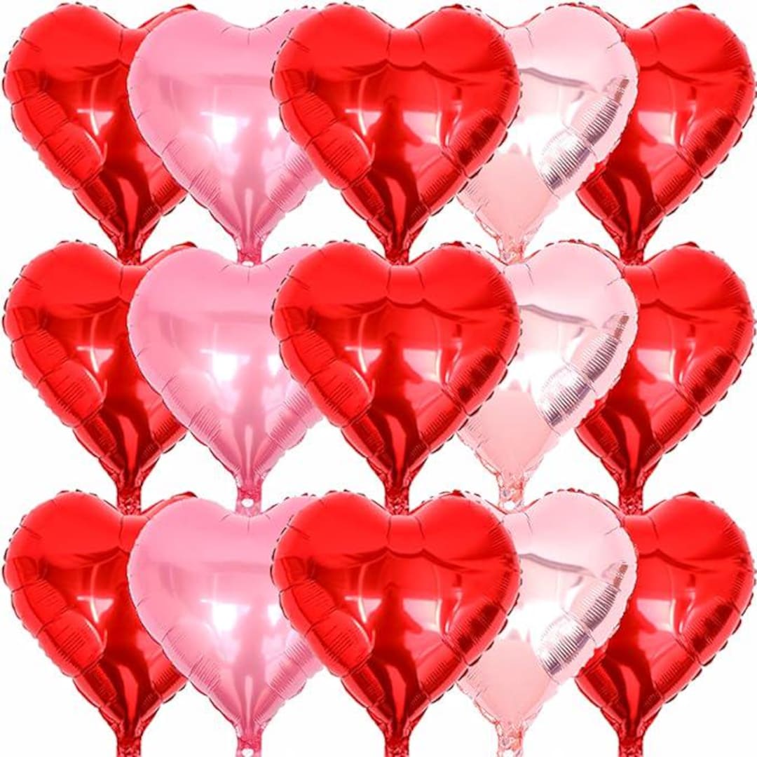15 Pcs Red Pink Rose Gold Heart Balloons 18 Inch Foil Valentines Party ...