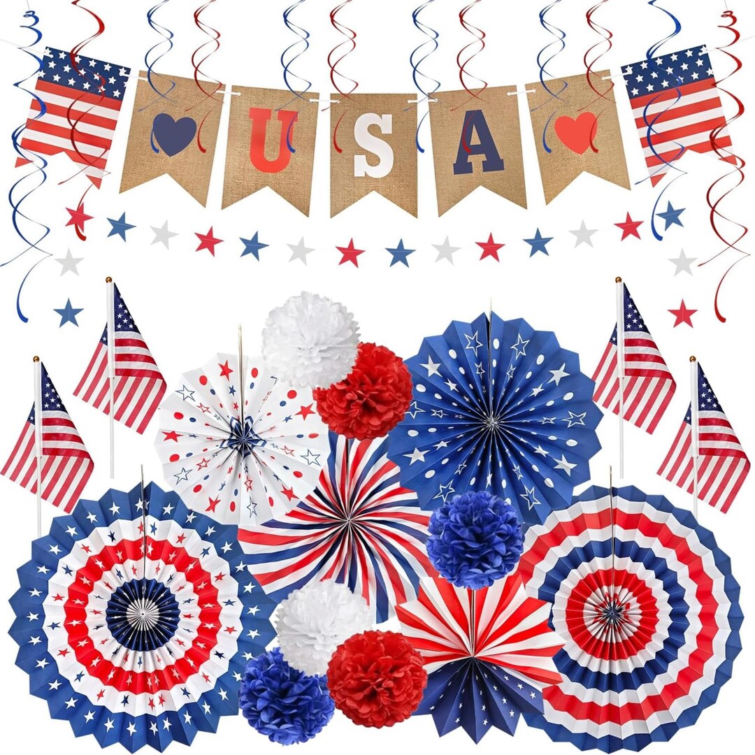 30 Piece Patriotic Party Decorations Set With Banner Fans and Swirls - Etsy