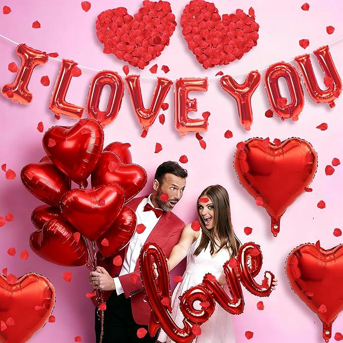 I Love You Balloons Valentines Red Heart Foil Balloon 1000 Rose Petals ...