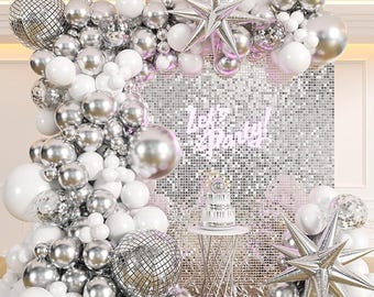 135Pcs Disco Balloon Arch Kit with Silver Balloons Disco Ball Prom Party Decor