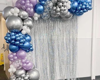 Winter Snowflake Balloon Arch Kit: Blue, Purple, Silver Confetti (99 Piece)