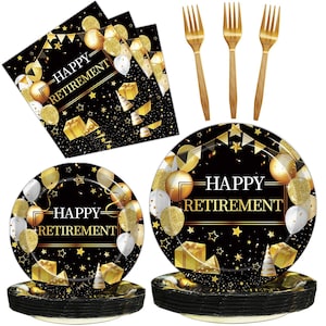 May include: A black and gold retirement party set with plates, napkins, and forks. The plates and napkins feature the text "HAPPY RETIREMENT" with gold balloons, stars, and gift box graphics. The forks are made of wood.