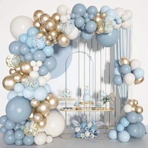 136pc Dusty Blue Balloon Arch Kit with Gold & White Balloons for Baby Shower