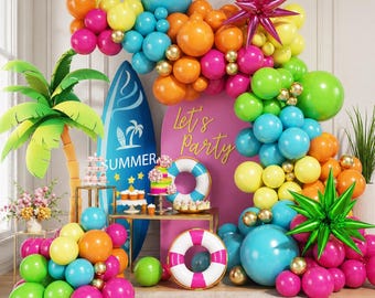 Tropical Summer Balloon Arch Kit: Orange, Pink, Yellow, Blue, Green, Gold Balloons, Foil Star