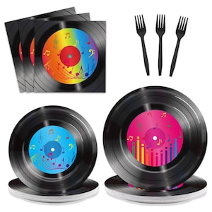 May include: A collection of vinyl record-themed party supplies. Includes black vinyl record-shaped coasters with colorful musical note designs, matching square paper plates, and black plastic forks. The coasters have a diameter of approximately 4 inches.