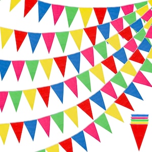 May include: Colorful triangular pennant flags in red, pink, yellow, green, and blue are strung together in a festive display. The flags are arranged in a layered pattern, creating a vibrant and eye-catching visual.