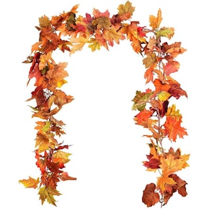 May include: A fall-themed garland featuring a variety of colorful leaves in shades of red, orange, yellow, and brown. The artificial leaves are arranged on a flexible vine, perfect for seasonal decor. The garland is ideal for decorating a mantel or doorway.