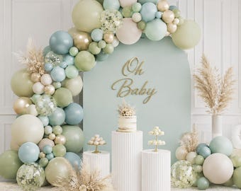 141pcs Sage Green Dusty Blue Balloon Arch Kit, Gold Confetti Balloons, Boho Party Decor