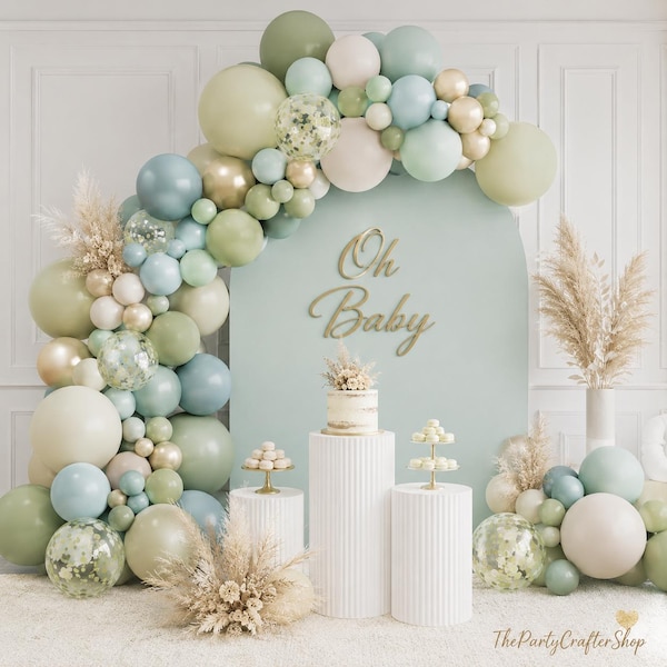 141pcs Sage Green Dusty Blue Balloon Arch Kit, Gold Confetti Balloons, Boho Party Decor