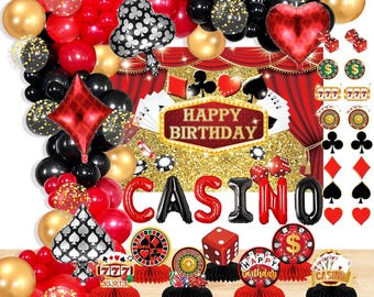 May include: A casino-themed birthday party decoration set with red, black, and gold balloons, a "Happy Birthday" banner, and casino-related cutouts. Includes dice, playing cards, and a roulette wheel.