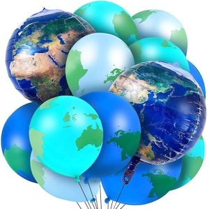May include: A cluster of balloons in various shades of blue and green, designed to resemble the Earth. Some balloons have detailed continents, while others feature simplified green landmasses on a blue background. The balloons are tied together, creating a festive and educational theme.