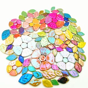 70pcs 1.1lb Iridescent Flower & Leaf Ceramic Mosaic Tiles for DIY Crafts