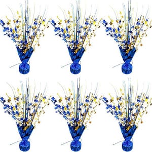 May include: Six blue and gold starburst centerpieces. Each centerpiece features a blue base with a star-shaped design and gold and blue star accents. The starbursts are arranged in a fan shape, creating a festive look. Perfect for parties and celebrations.