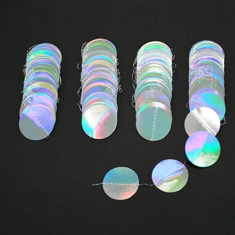 May include: Stacks of iridescent, round sequins on strings, reflecting a spectrum of colors. The sequins are arranged in neat columns, with a few individual sequins lying flat. The background is a solid black.