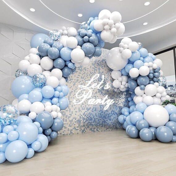 134pcs Blue & White Balloon Arch Kit With Dusty Blue Confetti for