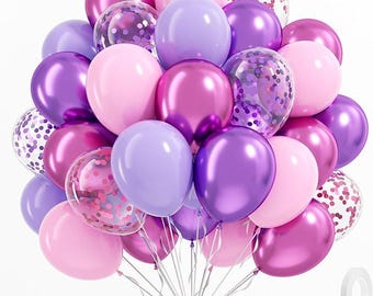 Pink Purple Balloons 61PCS 12 Inch Confetti Metallic with Ribbon for Wedding Birthday Party