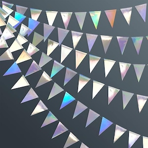 May include: Several strands of iridescent triangular pennant flags hang against a dark background. The flags reflect a spectrum of colors, including silver, blue, and green. The pennants are strung together, creating a festive and decorative display.