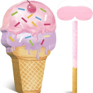 3pcs Pink Ice Cream Piñata with Stick  Blindfold for Birthday, Baby Shower & Party Decor