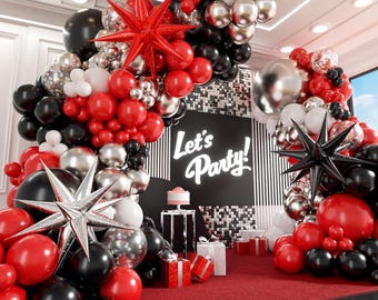 Red Black White Balloon Arch Kit with Silver Confetti Balloons for Party Decor