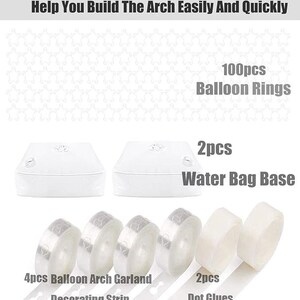Puede incluir: Imagen que muestra accesorios para construir un arco de globos. El paquete incluye 100 anillos para globos, 2 bases para bolsas de agua, 4 tiras decorativas para guirnaldas de arcos de globos y 2 pegamentos de puntos. El texto de la imagen dice: "4 accesorios vienen con el paquete para ayudarte a construir el arco f&aacute;cil y r&aacute;pidamente."