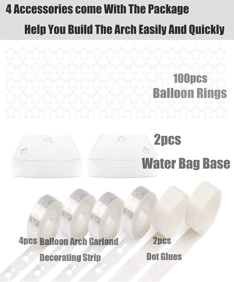 Puede incluir: Imagen que muestra accesorios para construir un arco de globos. El paquete incluye 100 anillos para globos, 2 bases para bolsas de agua, 4 tiras decorativas para guirnaldas de arcos de globos y 2 pegamentos de puntos. El texto de la imagen dice: "4 accesorios vienen con el paquete para ayudarte a construir el arco f&aacute;cil y r&aacute;pidamente."