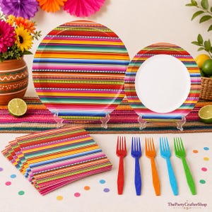 May include: A set of party supplies featuring a vibrant multi-colored striped pattern. The collection includes two round plates, a stack of square paper napkins, and five plastic forks in red, blue, orange, light blue, and green colors.