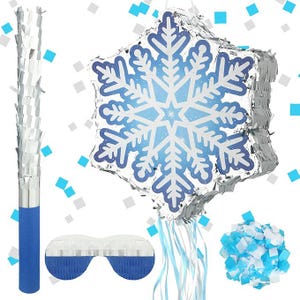 May include: A snowflake-shaped piñata with a blue and white design, silver fringe, and blue streamers. Includes a blue and silver piñata stick, a blindfold, and confetti. Perfect for a winter-themed party or celebration.