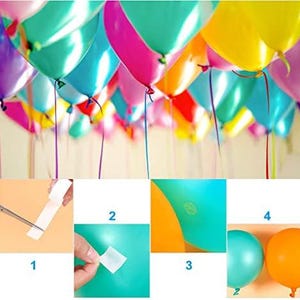 Pu&ograve; includere: Una collezione di palloncini colorati nei toni del verde acqua, rosa, giallo e viola, con nastri. L'immagine mostra anche primi piani dell'applicazione del nastro adesivo sui palloncini.