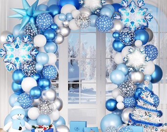 138-Piece Snowflake Balloon Arch Kit with Blue Silver White Balloons