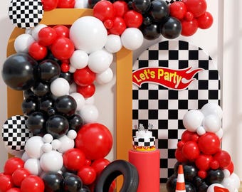 May include: A party decoration set with a racing theme. The set includes a balloon arch in red, white, and black, a checkered backdrop, a tire, a cake, and traffic cones. The words "Let's Party" are visible.