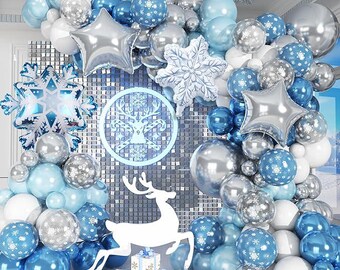 Winter Snowflake Balloon Arch Kit with Silver Blue White Balloons for Christmas Party Decor