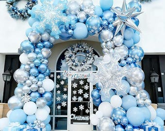 Snowflake Balloon Garland Kit Blue Silver White Balloons Winter Party Decor