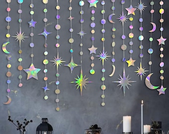 Iridescent Star & Moon Garland – Hanging Decoration for Birthday, Baby Shower, Eid and More