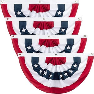 May include: Four patriotic bunting flags in red, white, and blue. Each fan-shaped flag features a red border, white stripes, a blue section with white stars, and a pleated red and white center. Grommets are visible for hanging.