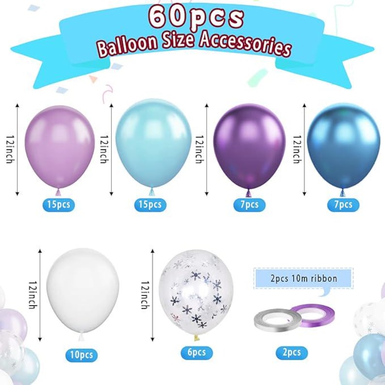 Puede incluir: Un conjunto de 60 accesorios para globos, que incluye globos en lavanda, azul claro, morado y azul. Cada globo mide 30,48 cm. El conjunto tambi&eacute;n incluye globos blancos, globos de confeti y 2 rollos de cinta de 10 m.
