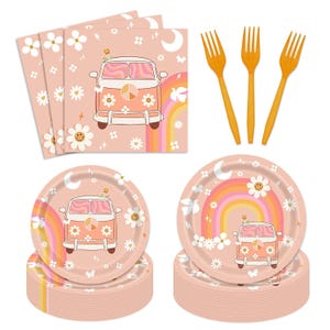 May include: A party supplies set featuring a retro van design with a rainbow, flowers, and a smiling sun. The set includes plates, napkins, and orange forks. The plates and napkins are peach-colored.