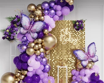 158pcs Purple Butterfly Balloon Arch Kit with Chrome Gold & Foil Balloons