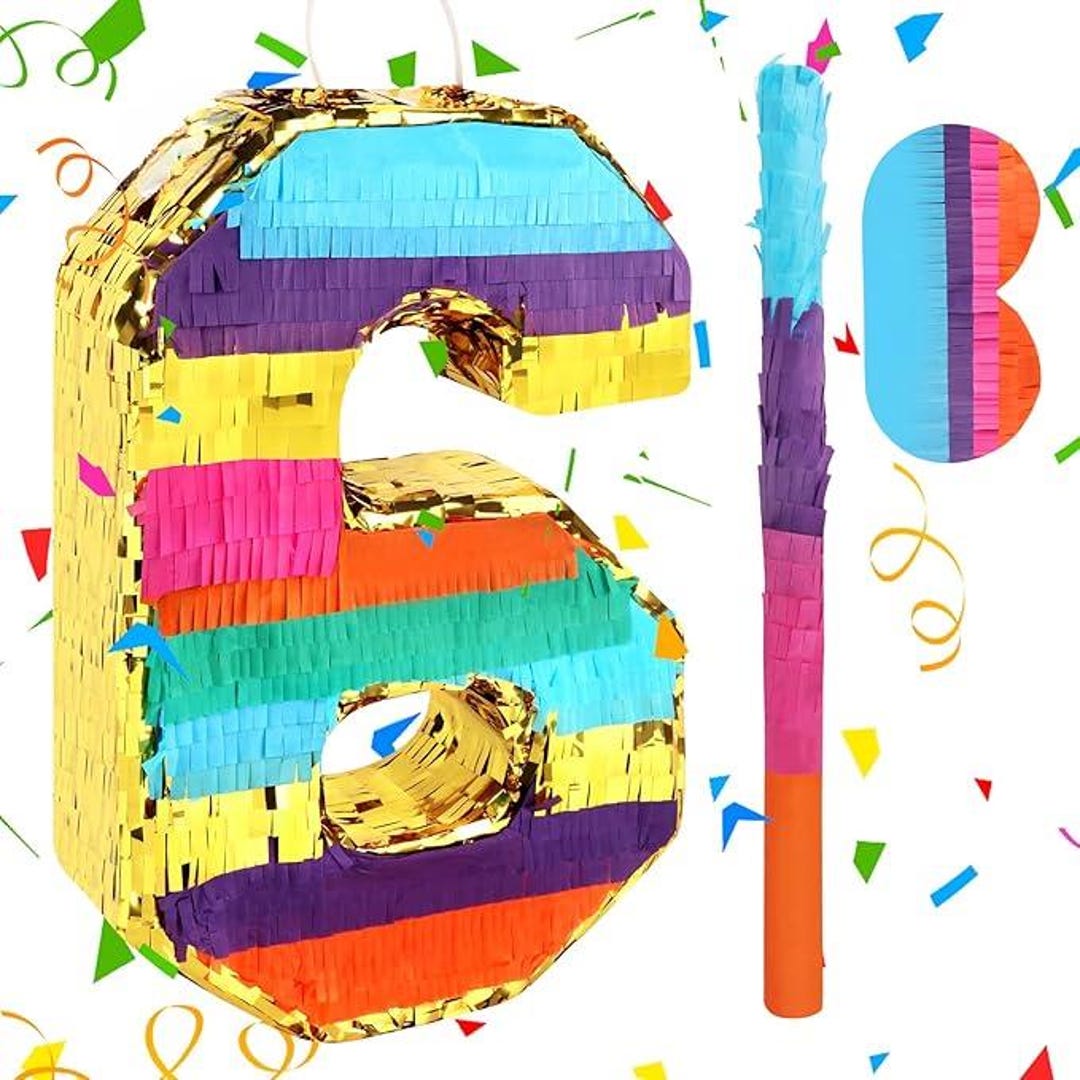 Rainbow Number 6 Piñata Set: 6th Birthday Party Game With Blindfold ...