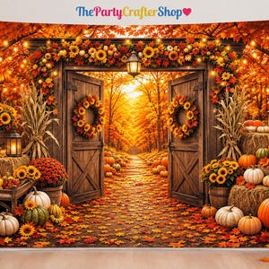 May include: A rectangular fabric backdrop featuring an autumn scene with open wooden doors, a path covered in orange leaves, pumpkins, sunflowers, and hay bales. The text ThePartyCrafterShop is printed at the top center with a small heart icon.