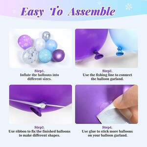 May include: A step-by-step guide for assembling a balloon garland. The image shows various balloons in purple, blue, silver, and white. Instructions include inflating balloons, connecting them with fishing line, using ribbon, and applying glue.