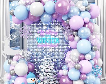 Winter Balloon Arch Kit with 103PCS Purple, Blue, White, Silver Balloons for Holiday Parties