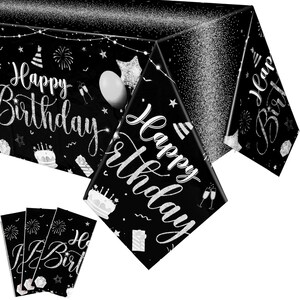 3 Pcs Black Silver Happy Birthday Tablecloths, 108x54" Party Decorations
