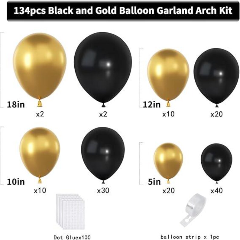 134PCS Black & Gold Balloon Garland Arch Kit for Graduation Party Decor ...