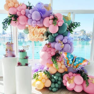 142Pcs Pastel Balloon Garland Kit – Pink, Purple, Sage & Butterfly Decor for Party and Shower