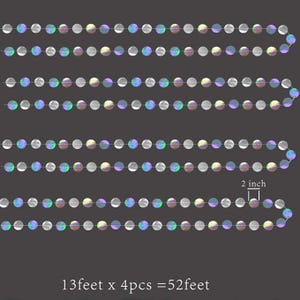 May include: Iridescent round garland strands. Each strand is 13 feet long, with 4 strands totaling 52 feet. The circles are 2 inches in diameter. The garland has a reflective, rainbow-like sheen, perfect for party decorations.