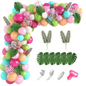 140PCS Tropical Balloon Garland Kit – Green, Hot Pink & Palm Leaves for Luau and Summer Parties