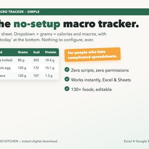 May include: A digital macro tracker spreadsheet template featuring a green header, a food data table with columns for grams, kcal, and protein, and text highlights including 'The no-setup macro tracker' and 'For people who hate complicated spreadsheets.'