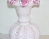 Fenton Art Glass Beaded Pink White Pink Silver Crest Ruffled Lip Vase 6 1 2 Inches, Pink Interior, Double Ruffle, Home Decor, Flower Vase