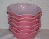 Vintage Hazel Atlas Pink Crinoline Bowls, 6 Cereal Bowls, Ruffled Edge Cereal Bowls, White milk Glass Interior, Mid-Century